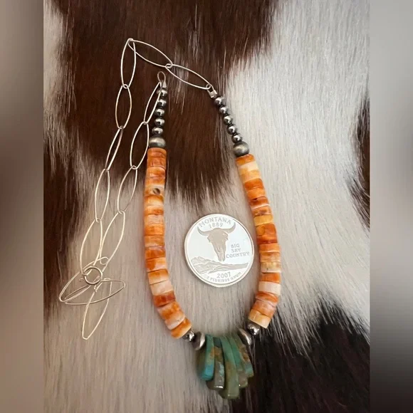 ❤️ Spiny Oyster Heishi Beads & 925 Desert Pearl Navajo Style Jacla Necklace 18” - Picture 9 of 14